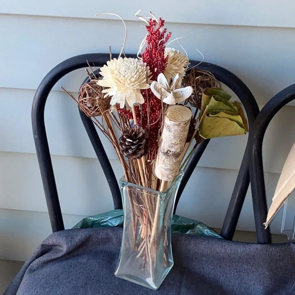 Chic Faux Floral Bouquet with Red and Cream Hues And Glass Vase